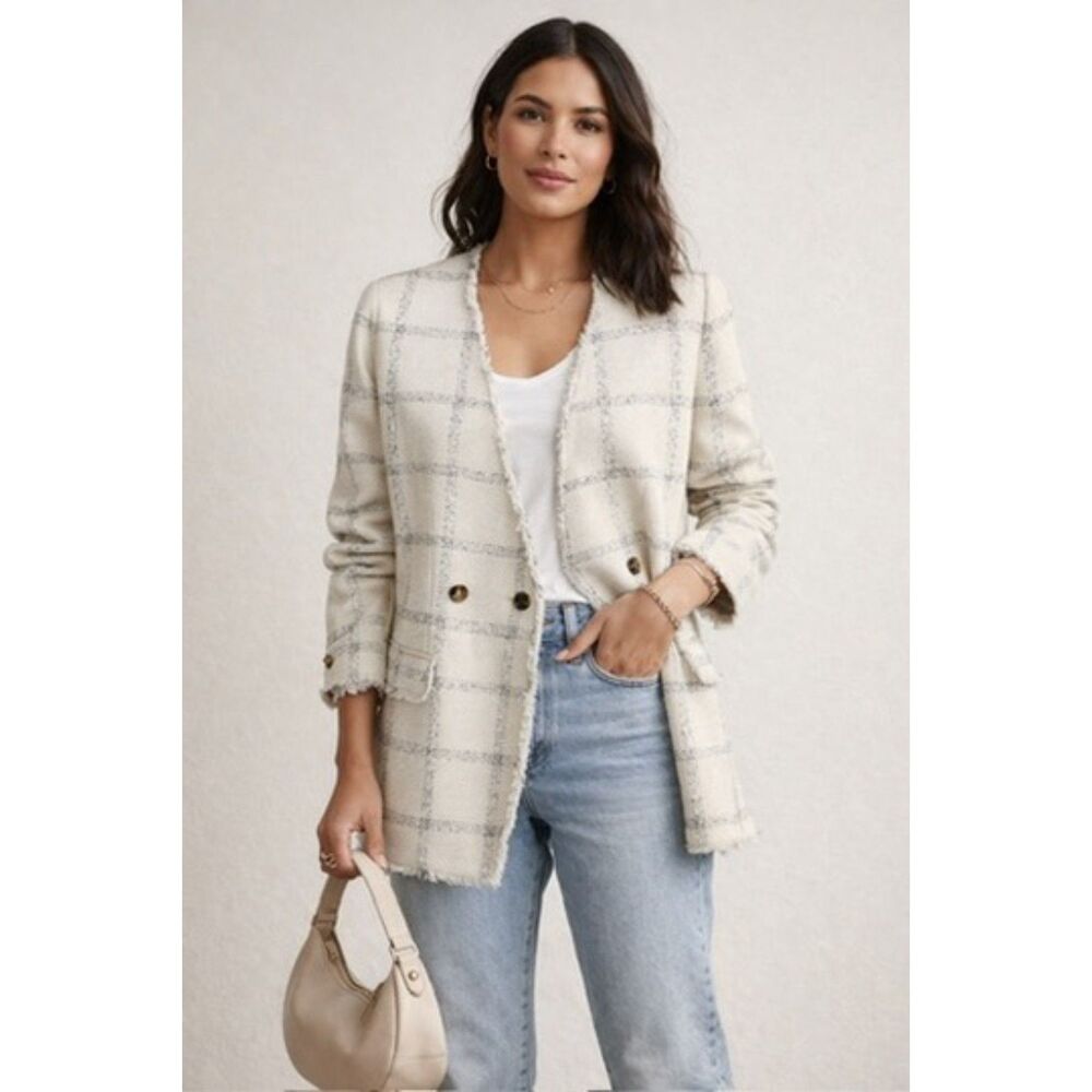 Ann Taylor Tweed Blazer Size 4 Cream Black Fringe Collarless Jacket Old Money